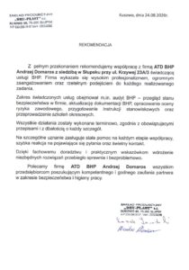 Skan rekomendacji od Centrum Usług Społecznych w Mielnie dla ATD BHP za szkolenie z pierwszej pomocy