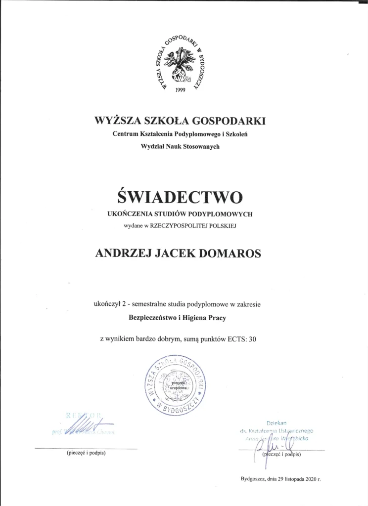Świadectwo ukończenia studiów podyplomowych z bezpieczeństwa i higieny pracy – Andrzej Jacek Domaros, Wyższa Szkoła Gospodarki w Bydgoszczy