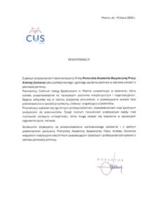 Skan rekomendacji od Centrum Usług Społecznych w Mielnie dla ATD BHP za szkolenie z pierwszej pomocy