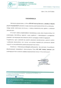 Skan rekomendacji od PROFARM Sp. z o.o. dla ATD BHP za audyt bezpieczeństwa linii produkcyjnej